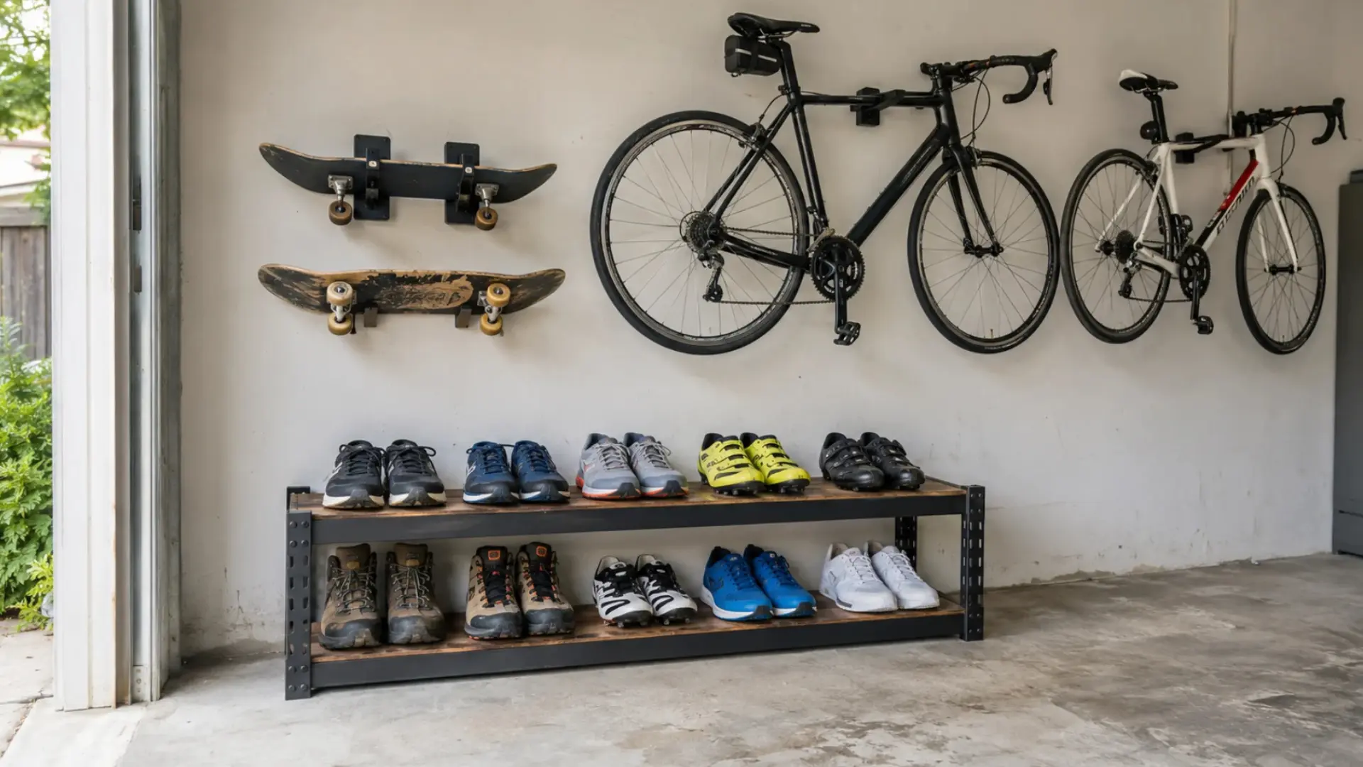 wall mounted shoe shelf in garage placed below hanging bikes and skateboards on the wall