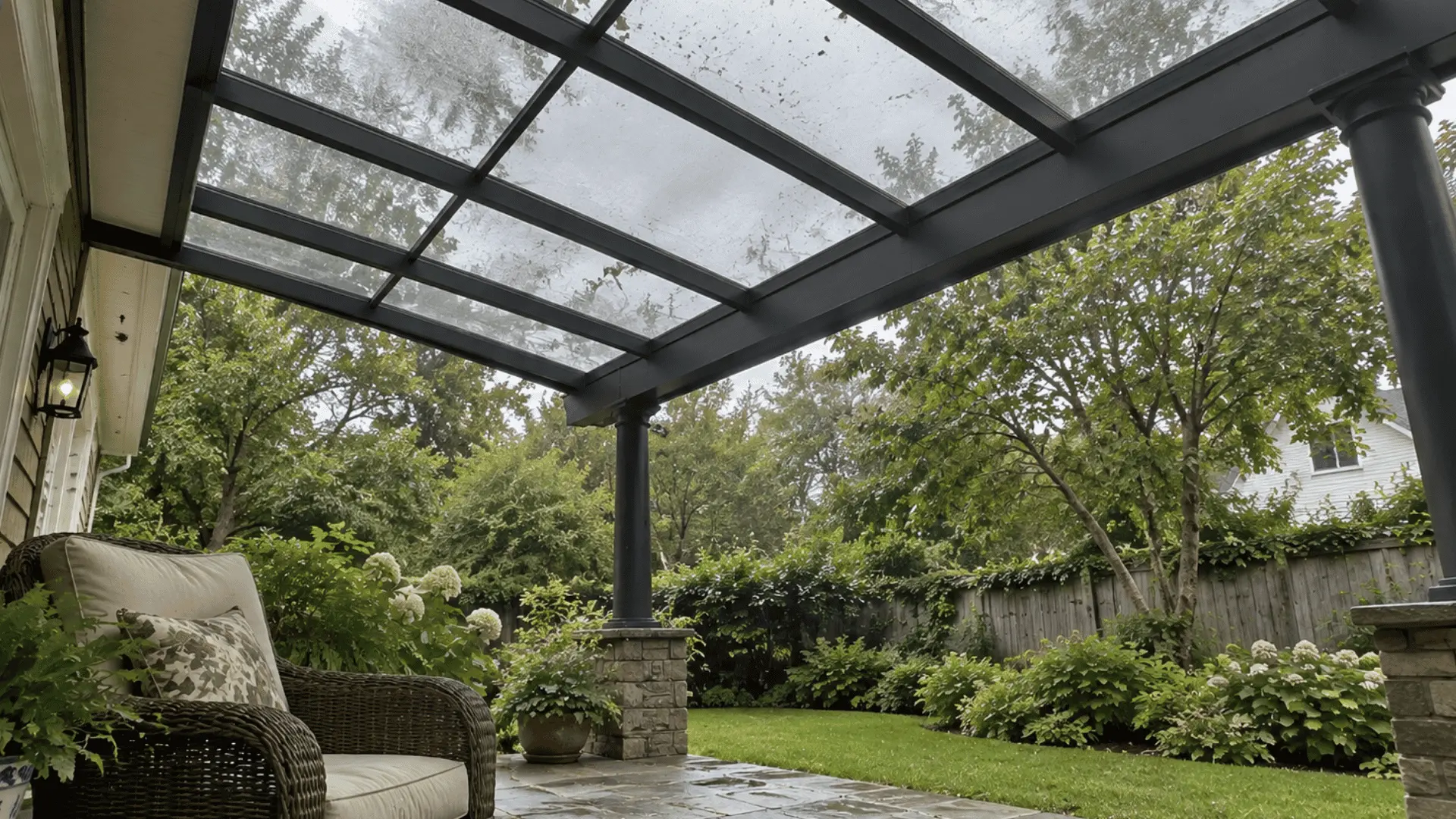close-up of a glass roof veranda with natural overcast light filtering through
