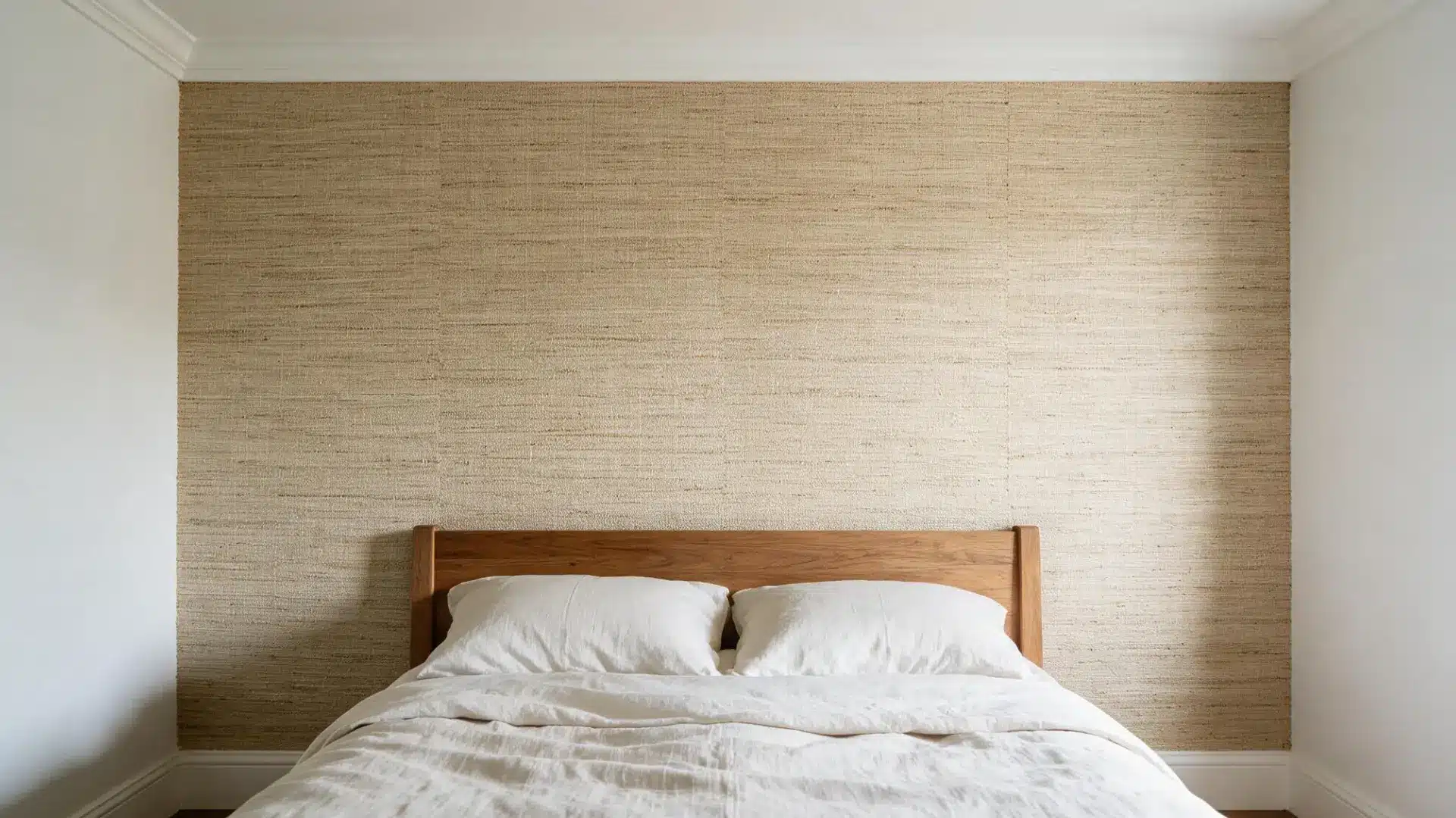 grasscloth textured wallpaper feature wall behind a wood bed frame with crisp white linen pillows and duvet cover