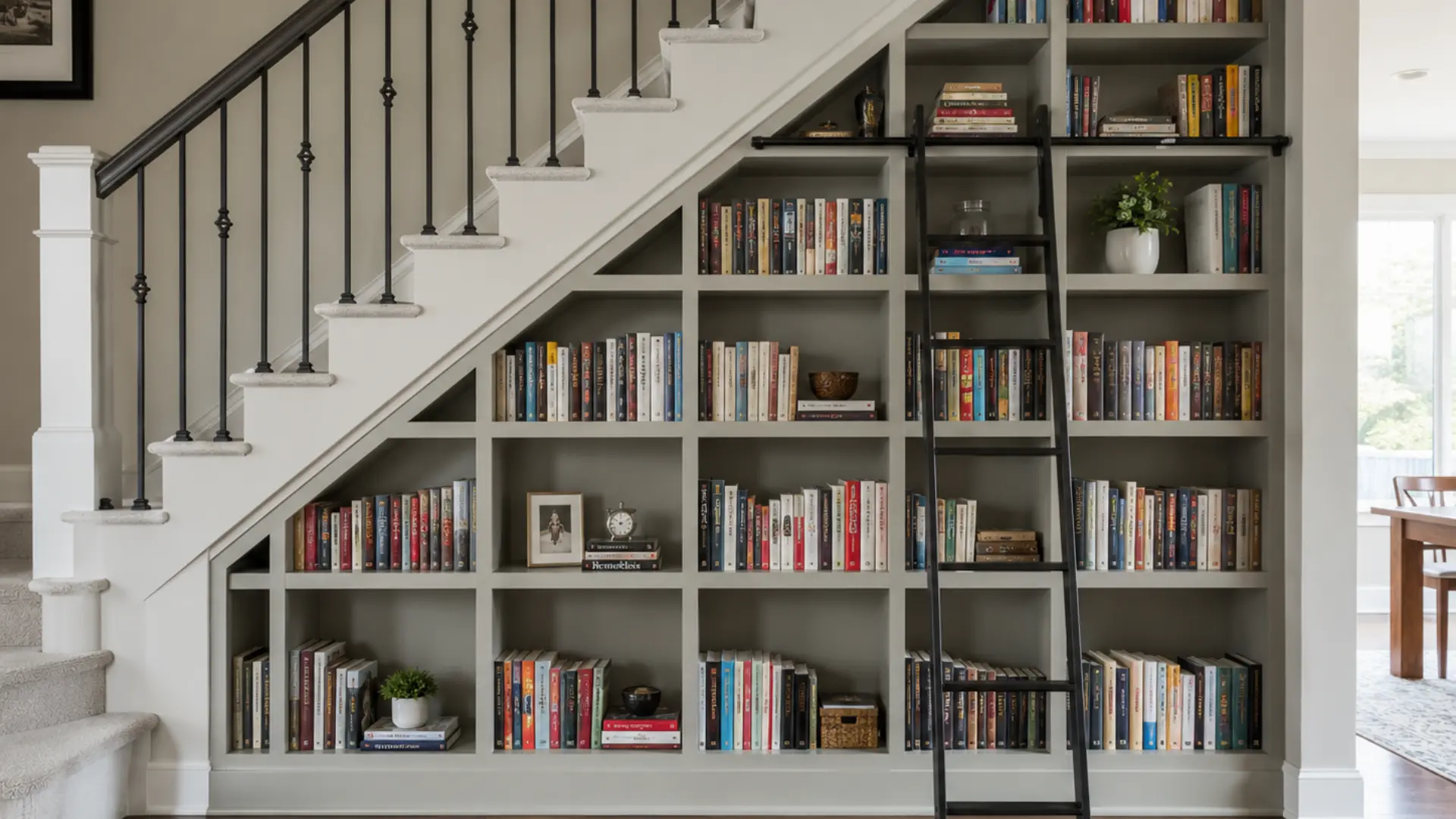 floor to ceiling bookshelf library built into the triangular space under a staircase with a rolling ladder