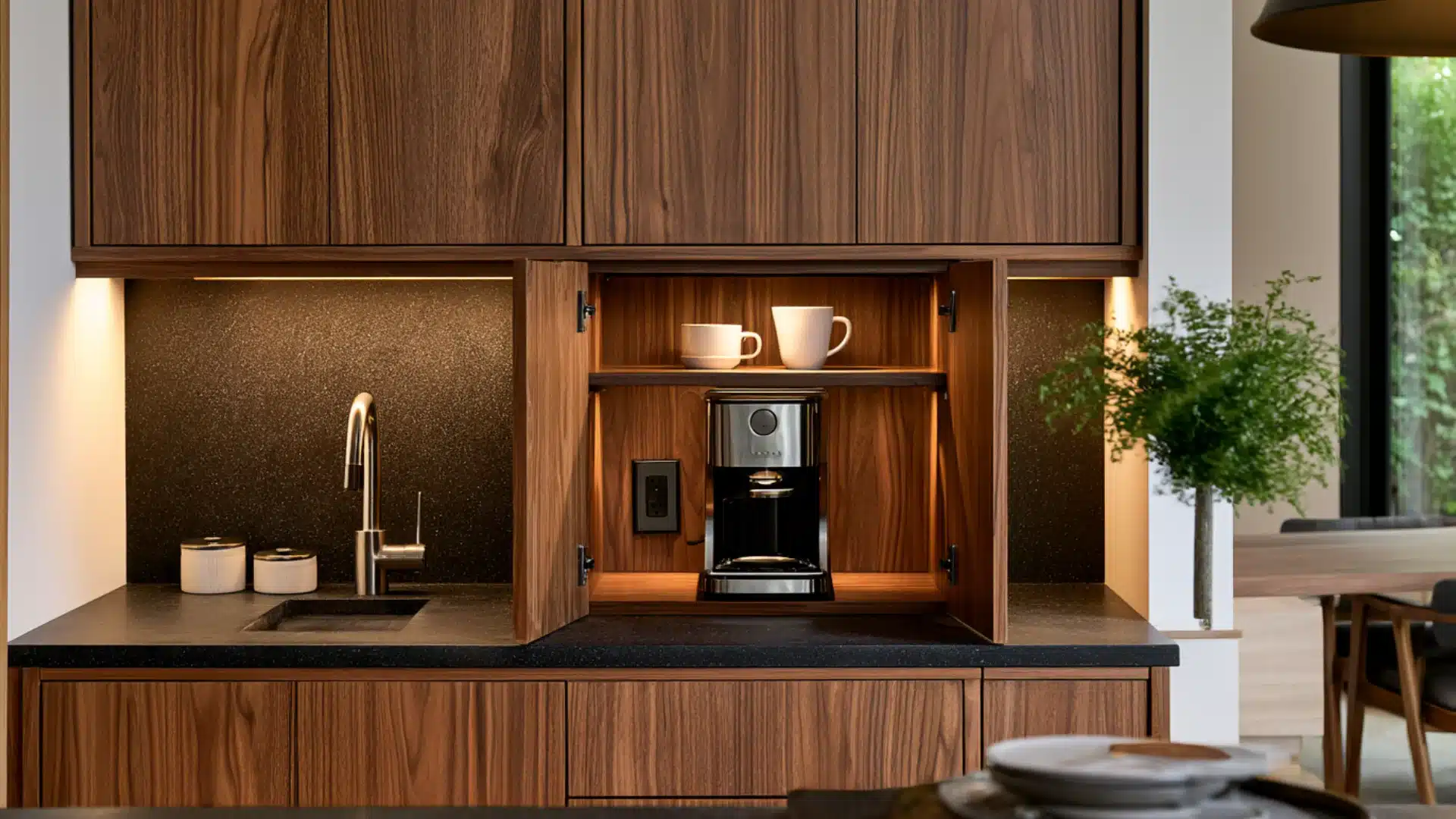 wood cabinet with pocket doors open showing coffee maker mugs and outlet on dark countertop with sink nearby