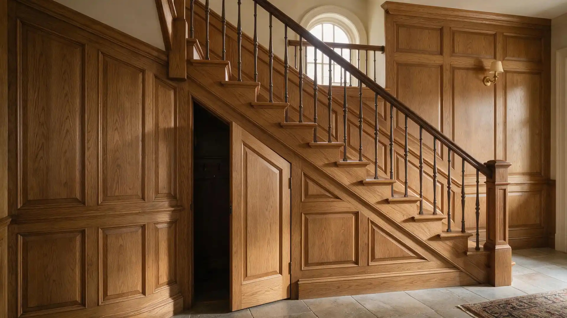 hidden coat closet door built into a wood paneled staircase inside a traditional entryway hall