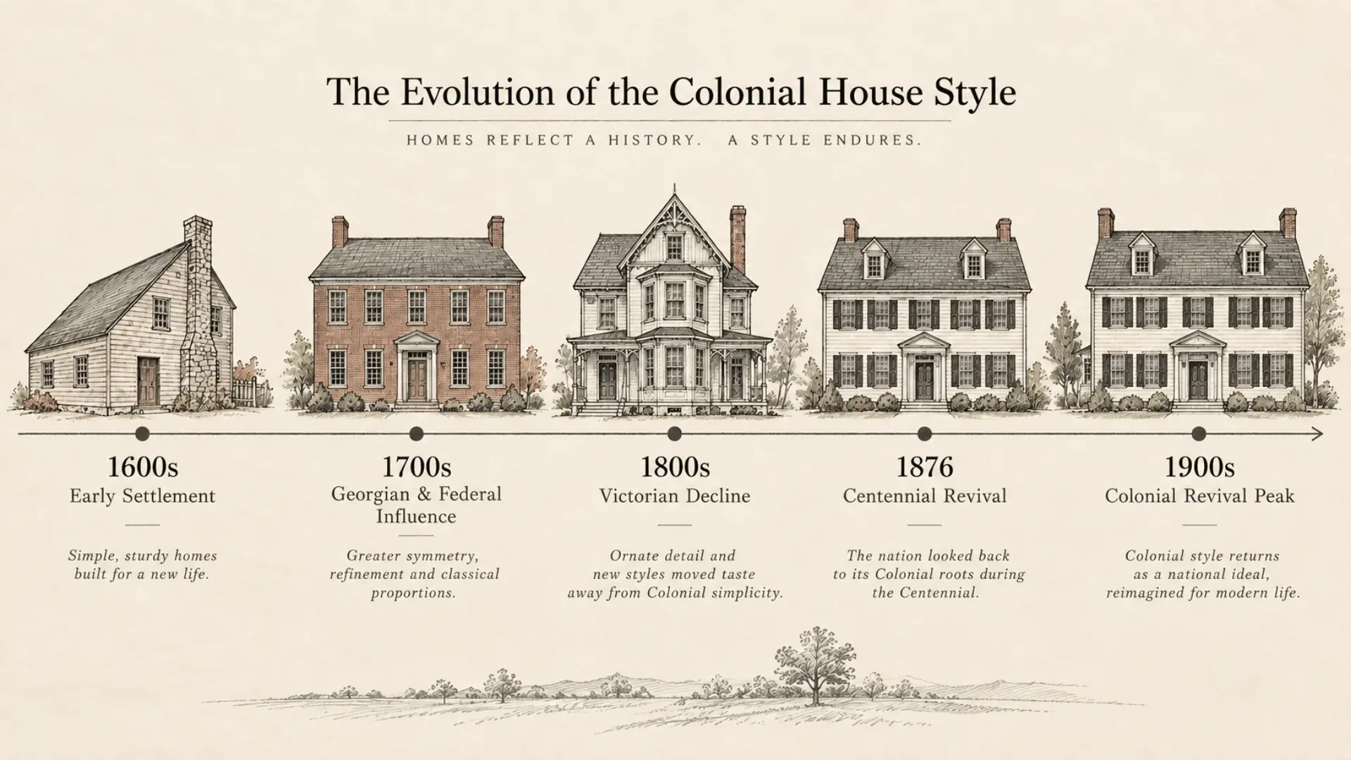 hand-drawn timeline of colonial house style evolution from 1600s to colonial revival