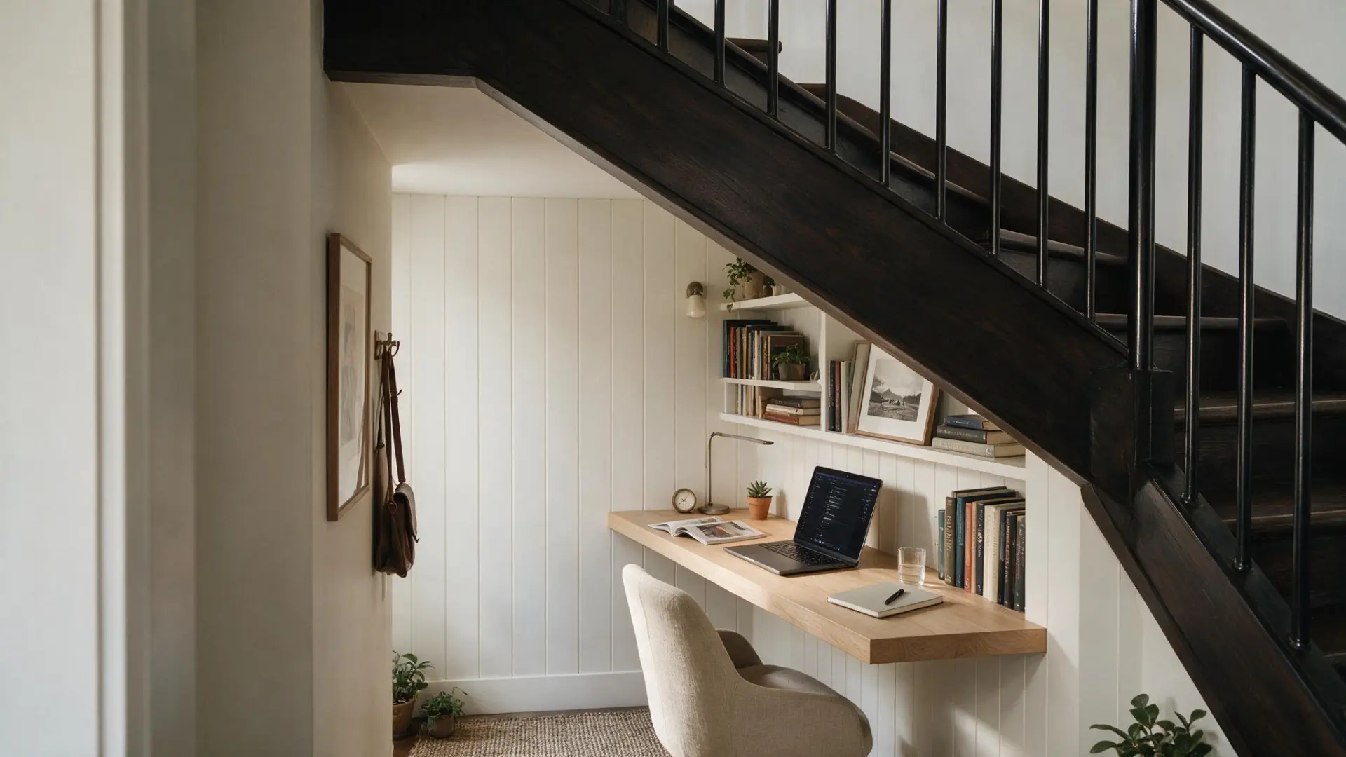 built in desk with bookshelf and task lamp tucked into a nook beneath a dark wooden staircase