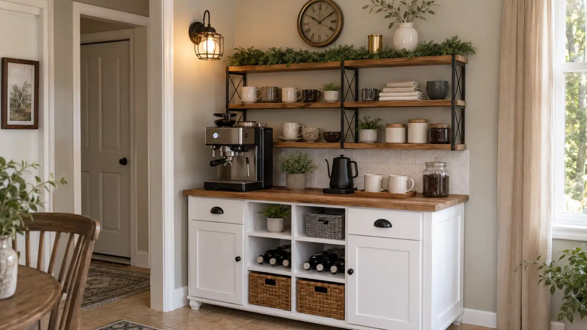 white cabinet coffee bar with open shelves mugs espresso machine kettle jars baskets and wine storage below