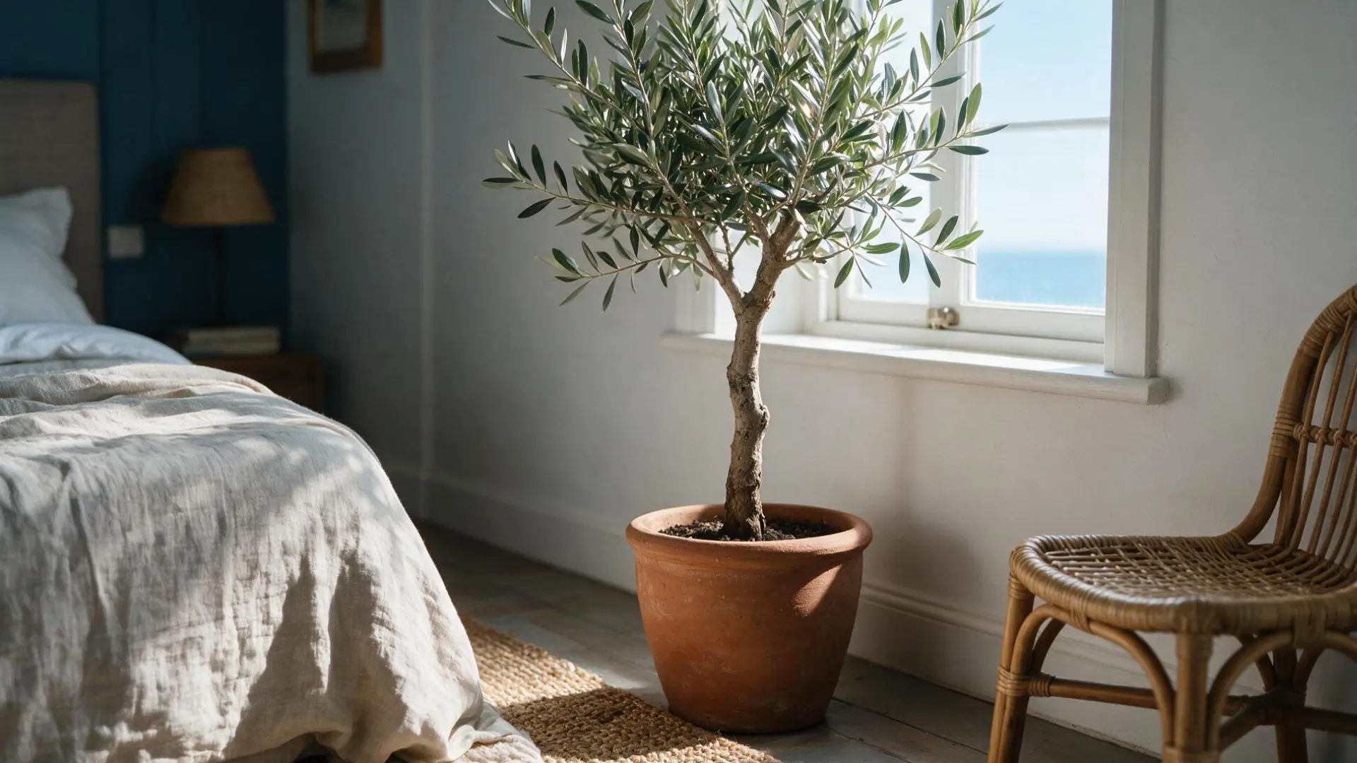 small indoor olive tree with silvery green leaves growing in a terracotta pot beside a sunlit window