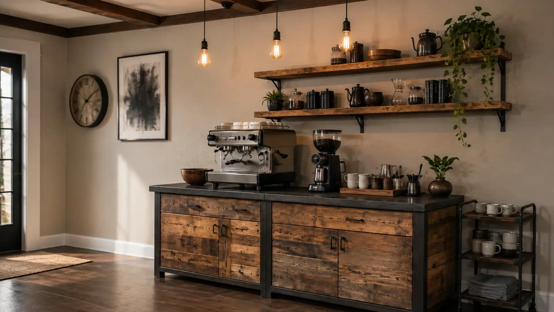 industrial coffee bar with reclaimed wood shelves espresso machine grinder mugs and mug cart in wood cabinet