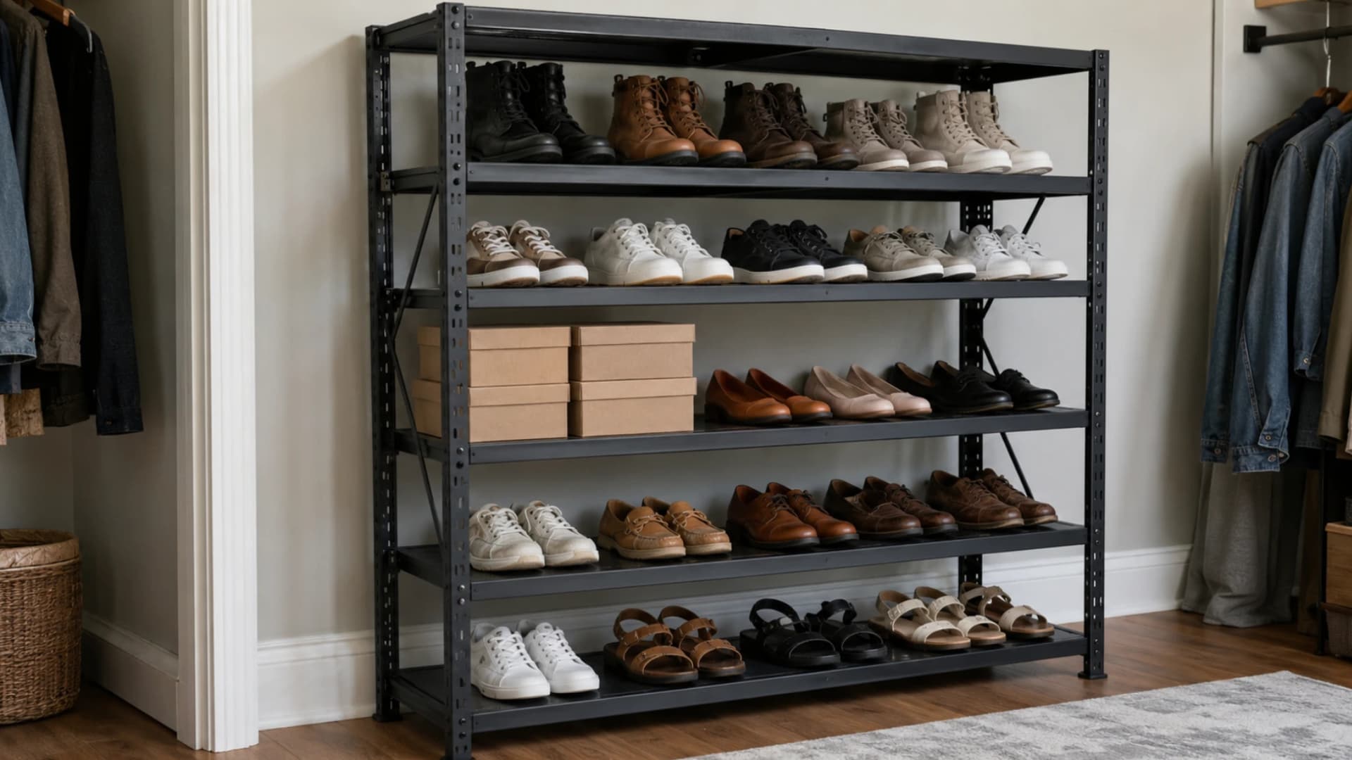 black metal freestanding shelving unit storing rows of boots sneakers loafers and sandals