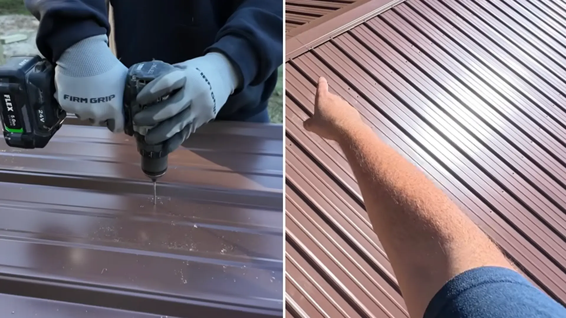 person drilling screws into a brown metal roof panel during carport roof installation