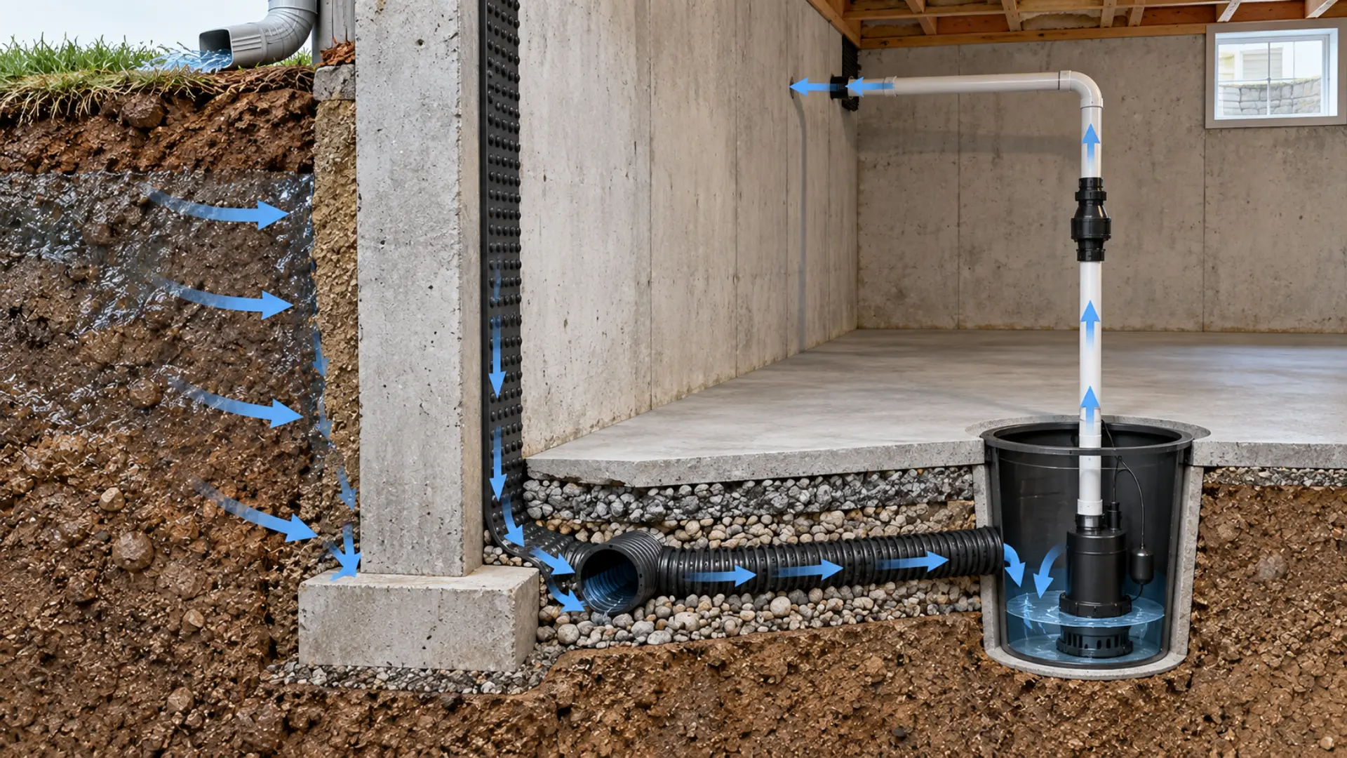 cutaway diagram of an interior french drain under a basement slab connected to a sump pit and pump