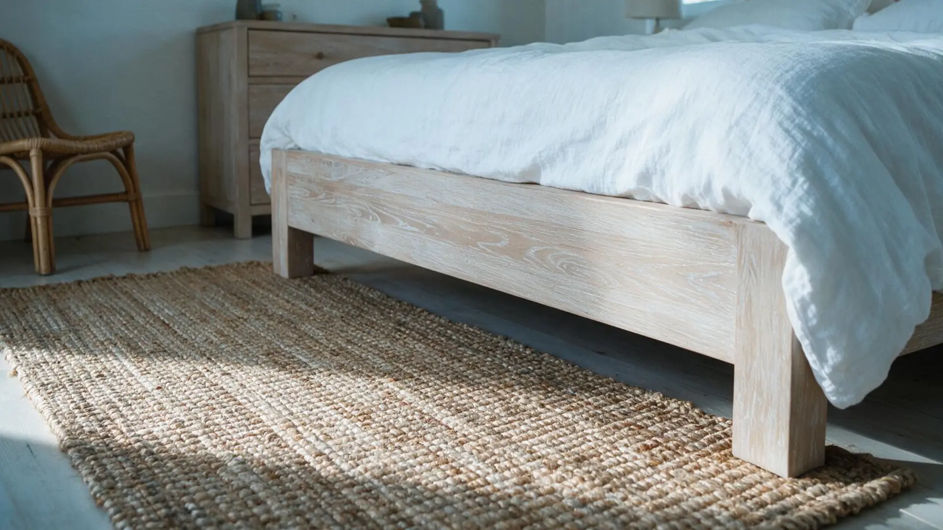 woven jute area rug beneath a bleached wood bed frame with white linen bedding draping over the edge