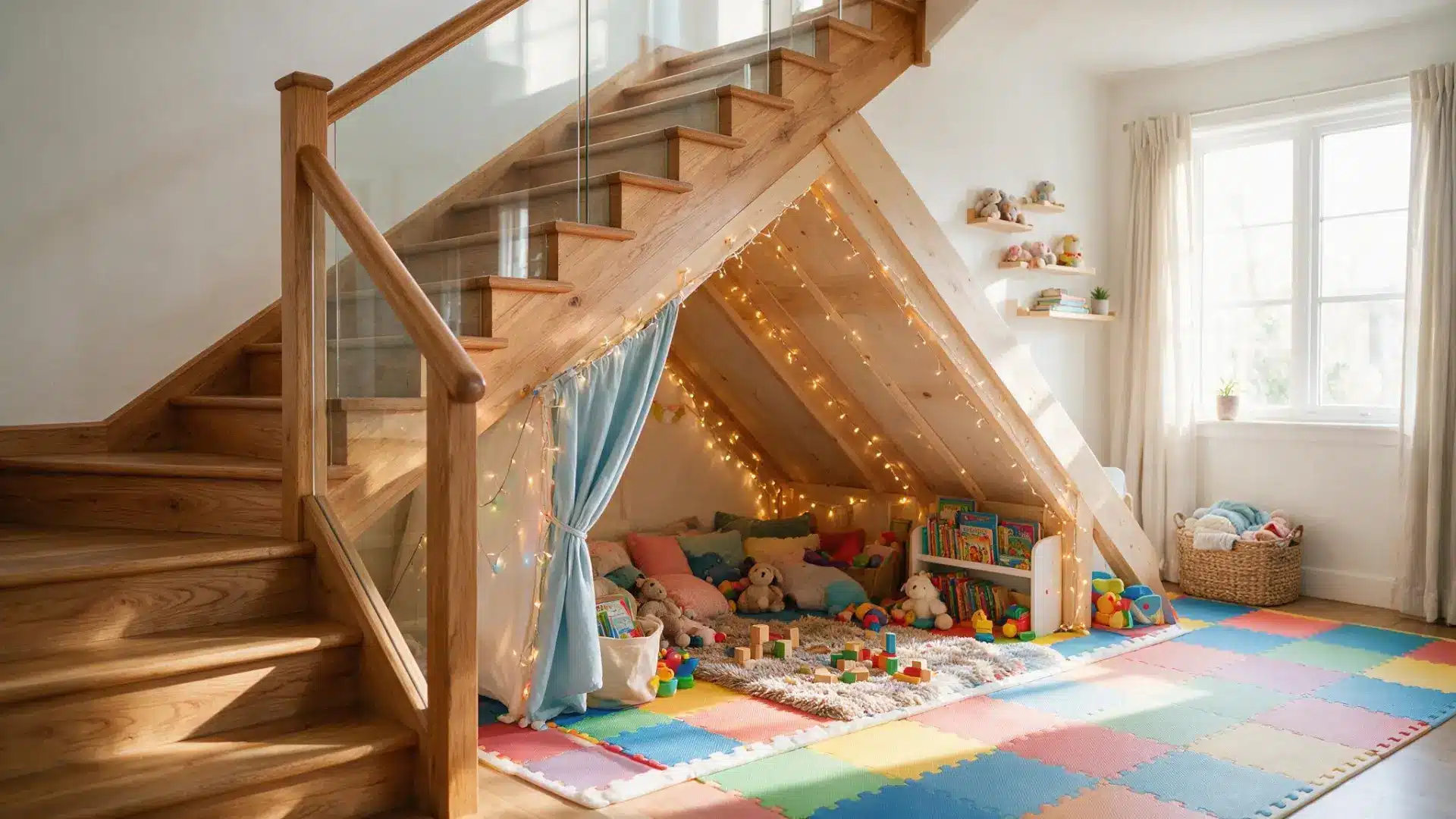 kids play den under a staircase with fairy lights curtain toys and colorful foam floor mats