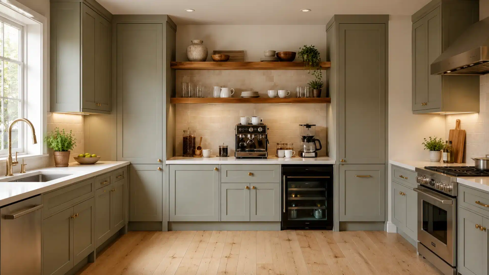kitchen counter corner styled as a compact coffee station with tray and canisters