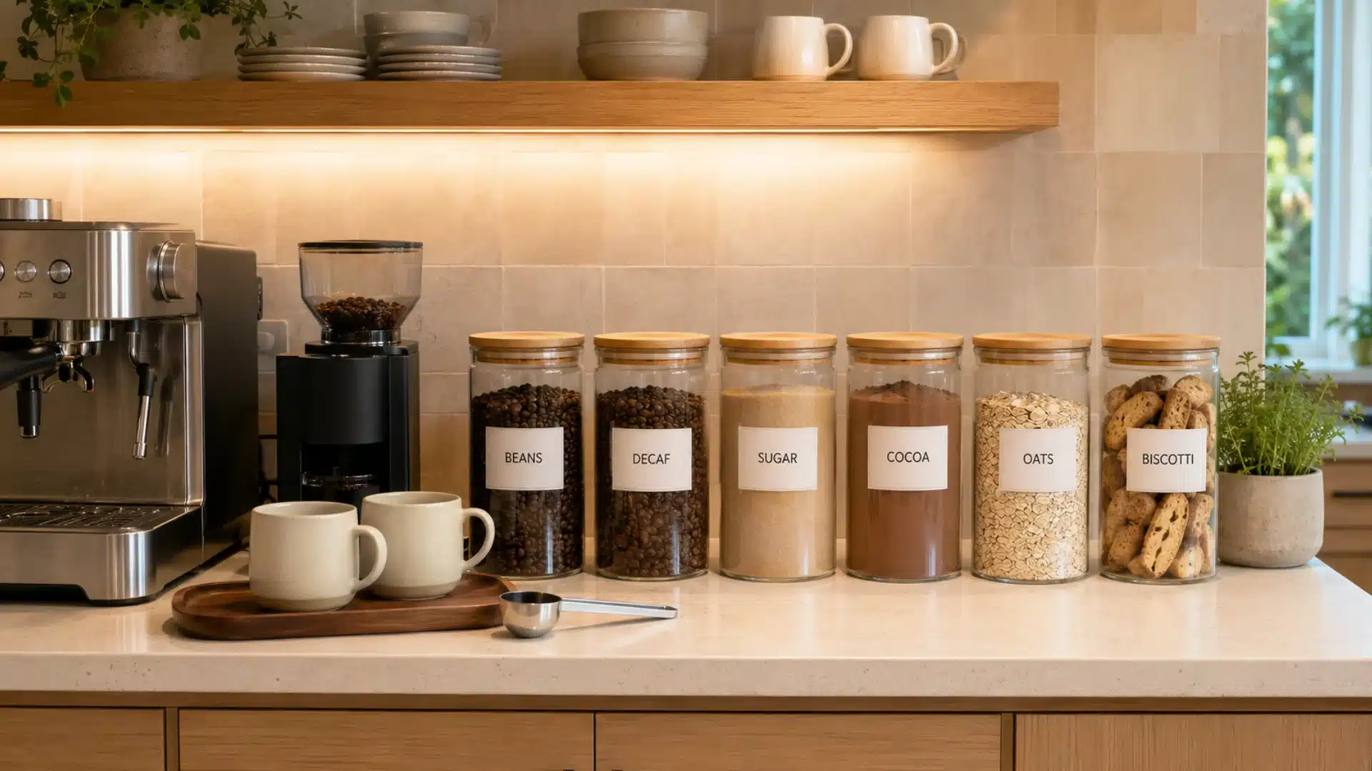 labeled glass jars for beans sugar cocoa oats and biscotti beside espresso machine and mugs on counter