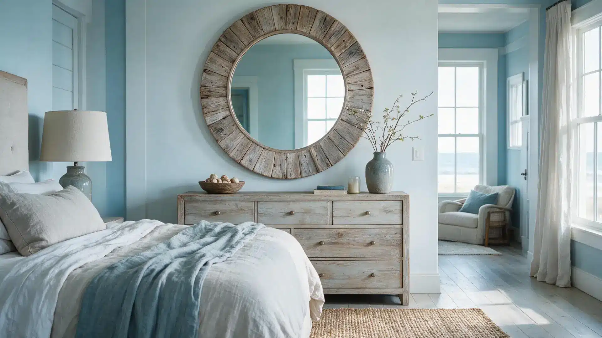large round driftwood tone wall mirror hung above a weathered wood dresser with a small ceramic vase