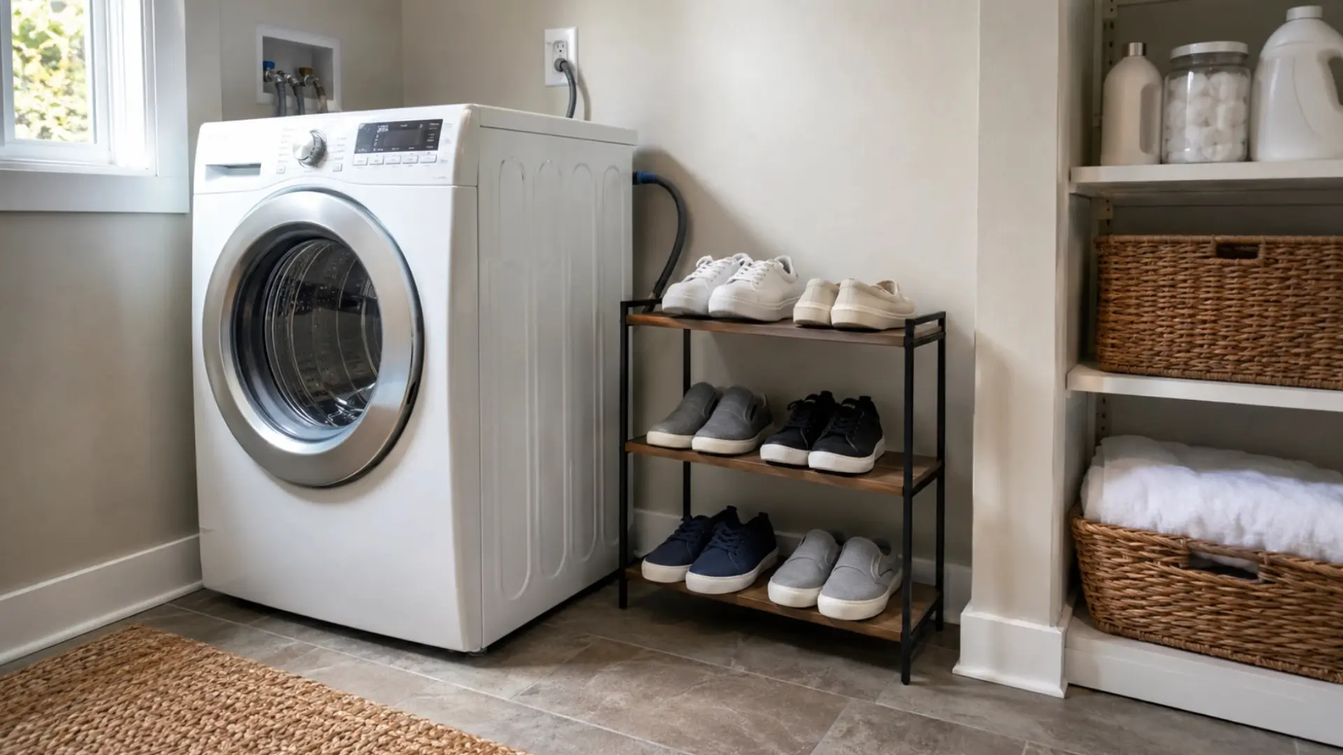 small tiered metal shoe rack placed beside the washing machine in a laundry room