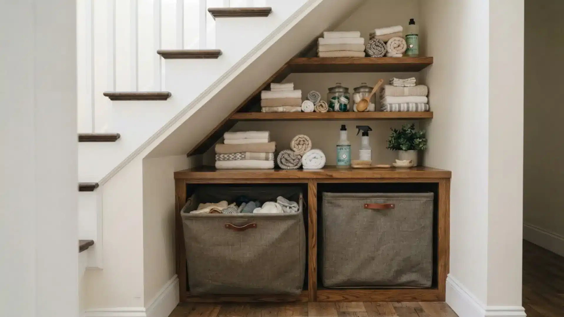 laundry storage nook under a staircase with folded linens, glass jars, and fabric hamper bins
