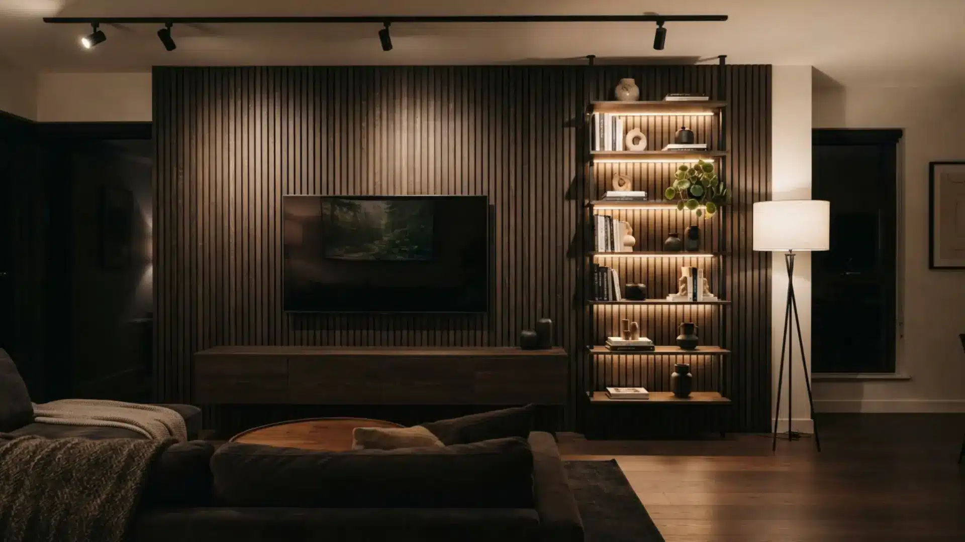 bedroom with layered lamp lighting, textured bedding, wood furniture, and a black accent wall