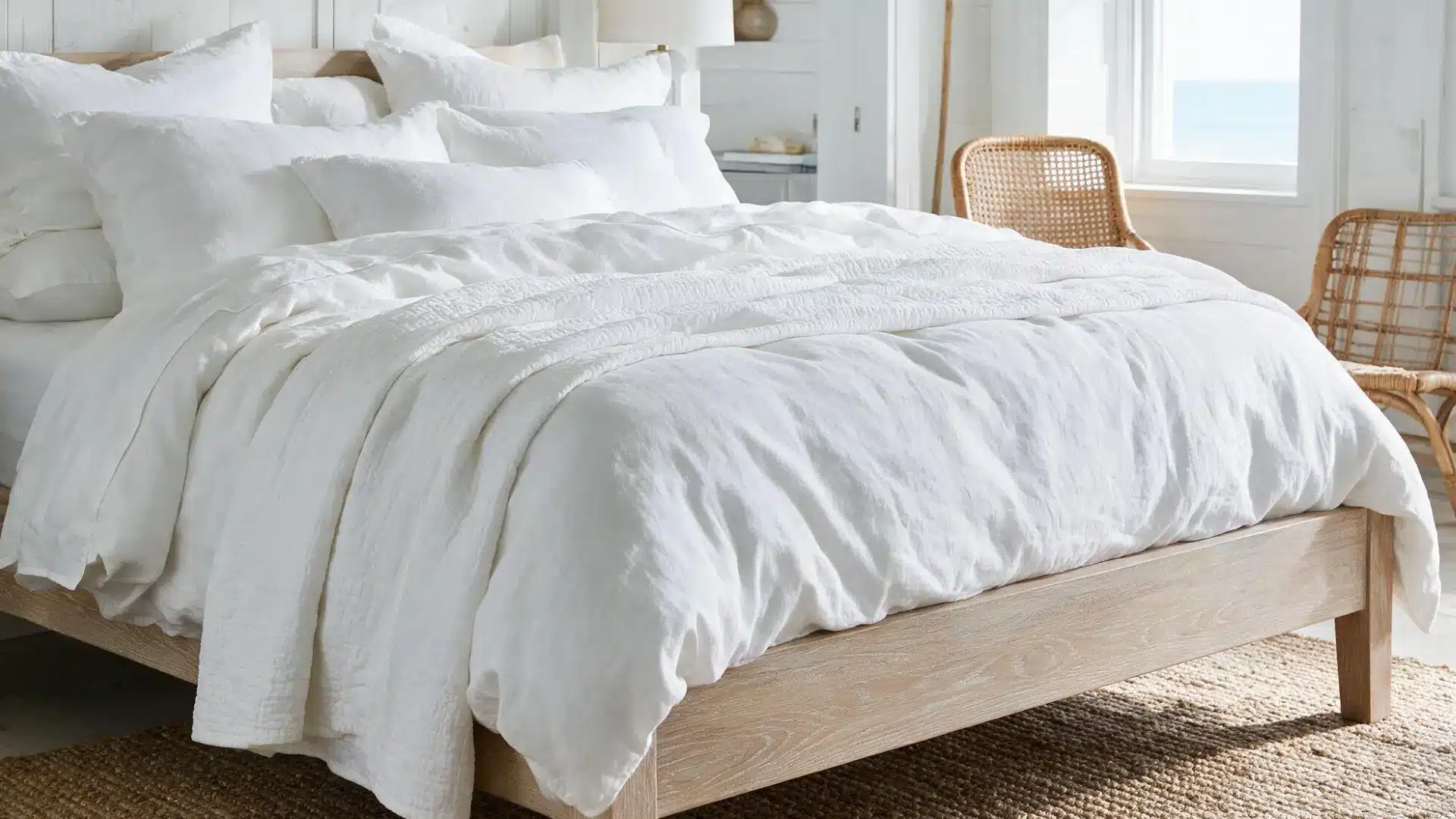 layered white linen bedding with stacked pillows and a textured duvet on a light wood bed frame