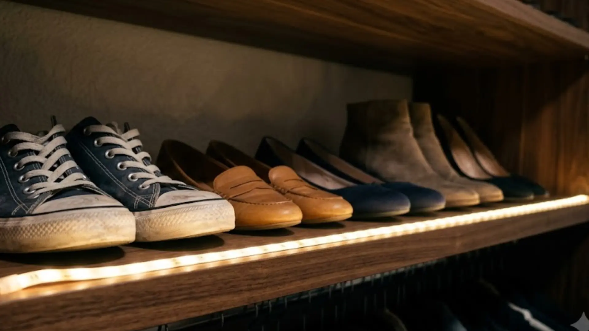 closet shelf lined with warm led lights illuminating rows of sneakers loafers and boots