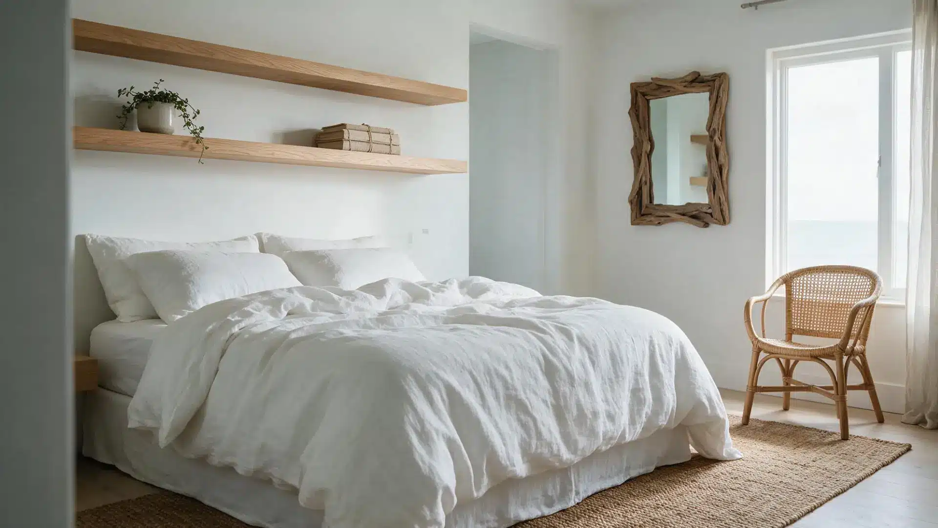light oak floating shelves with a small potted plant and stacked books above a bed with white linen