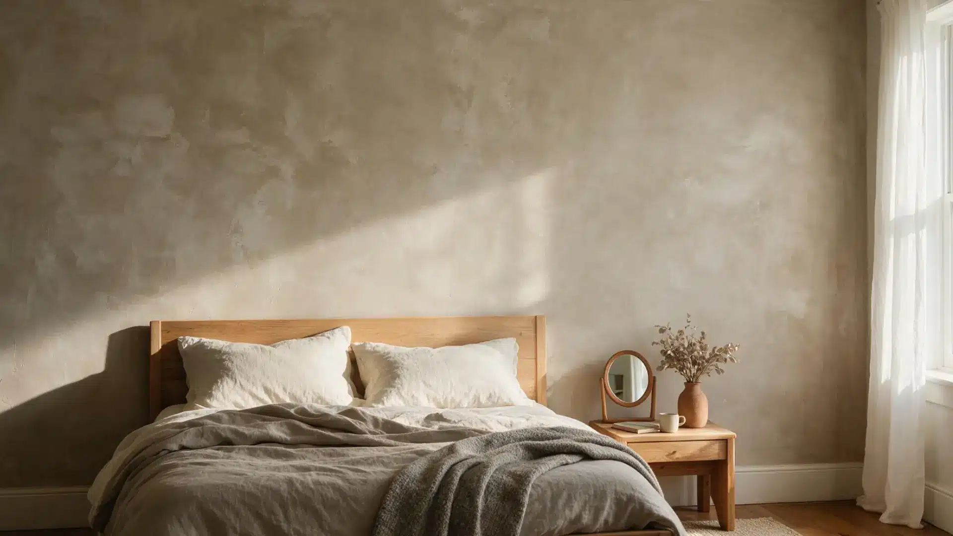 limewashed neutral textured wall behind a wood bed frame with cream linen bedding and a wooden nightstand nearby