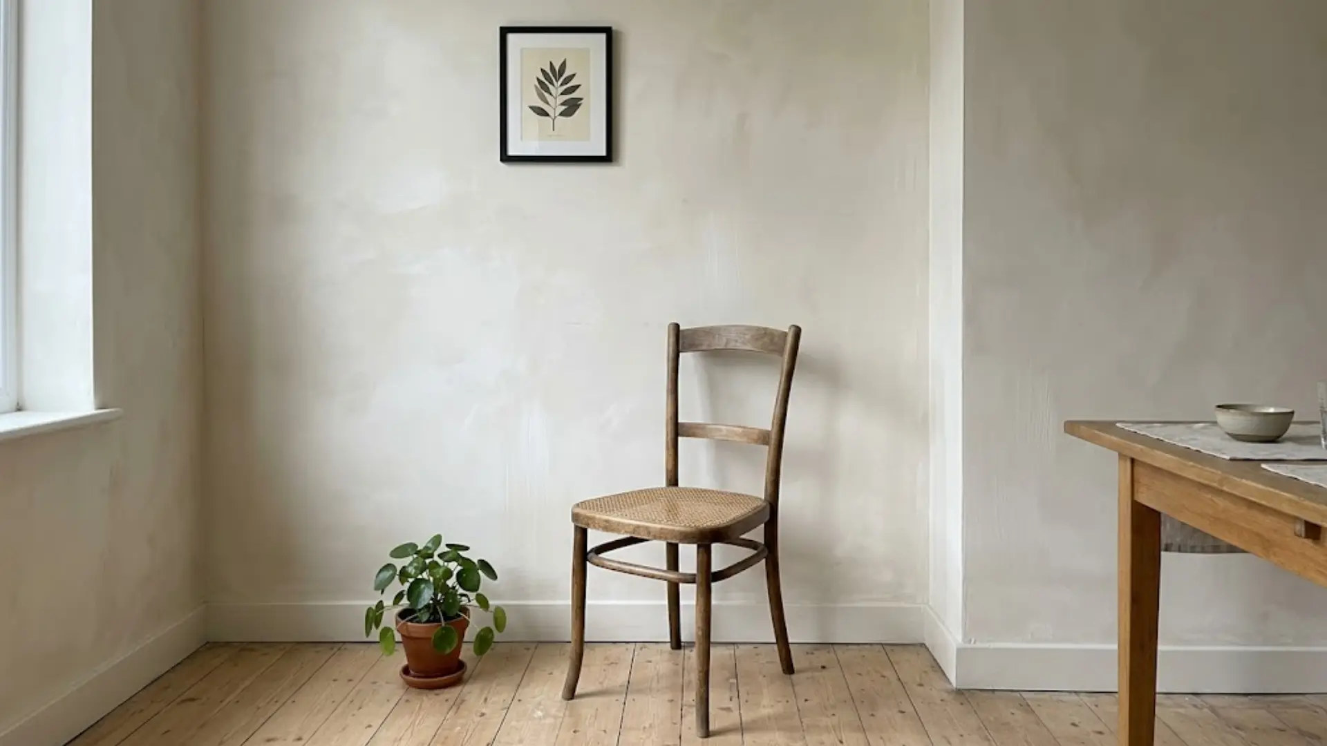 limewashed cream wall with soft texture behind a wood chair and framed botanical print