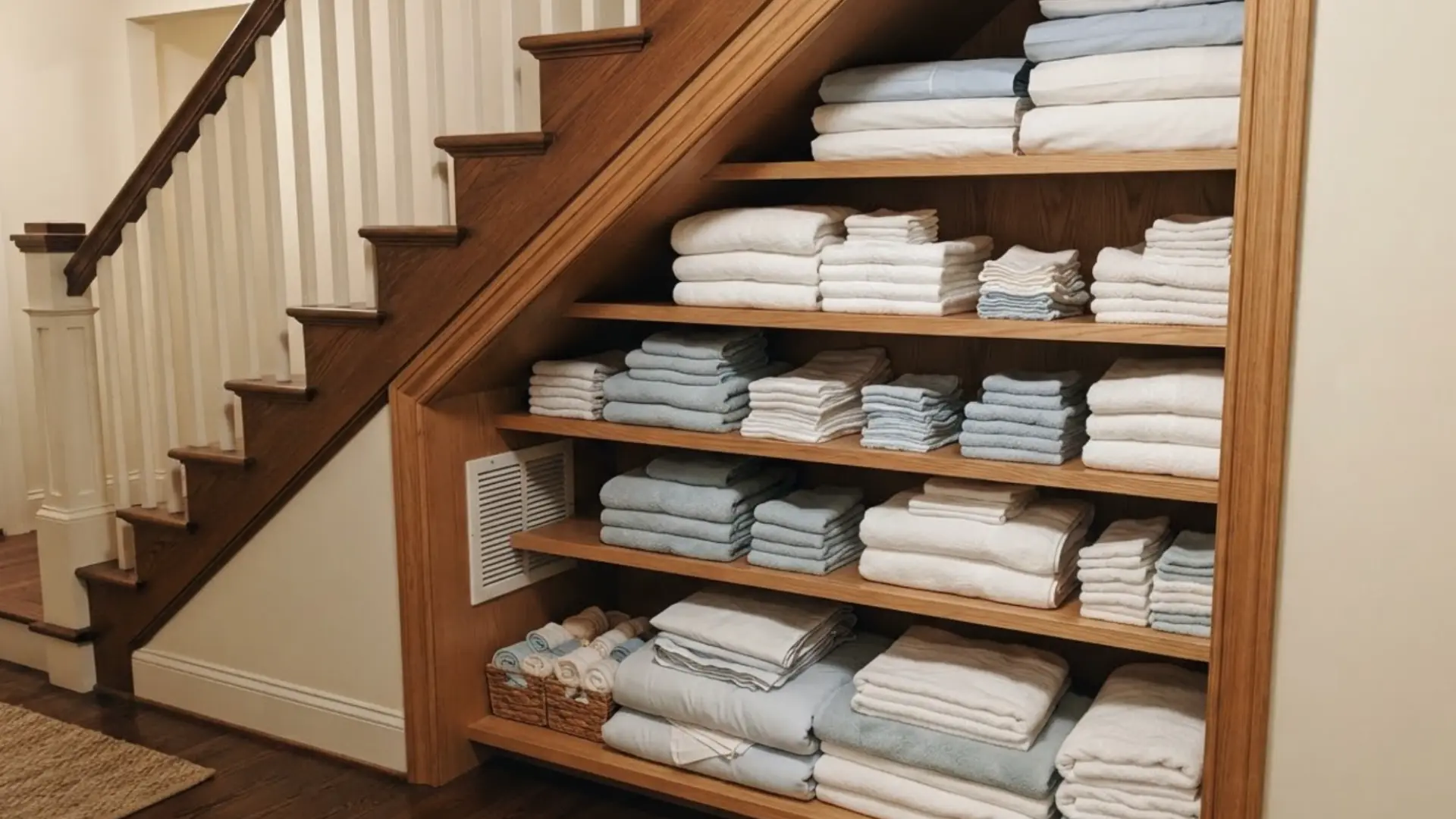 linen and towel closet built under a staircase with rows of neatly folded towels on wood shelves