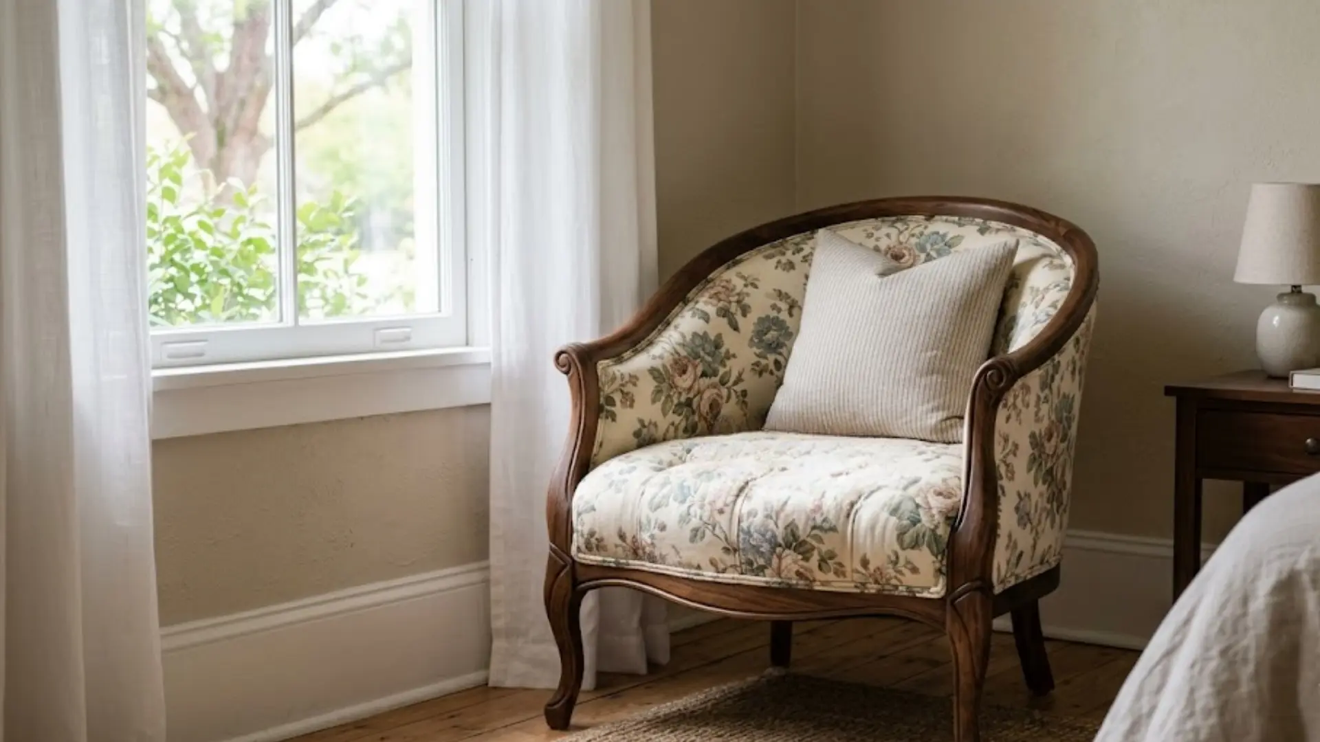 floral upholstered accent chair with a curved wood frame placed near a bedroom window