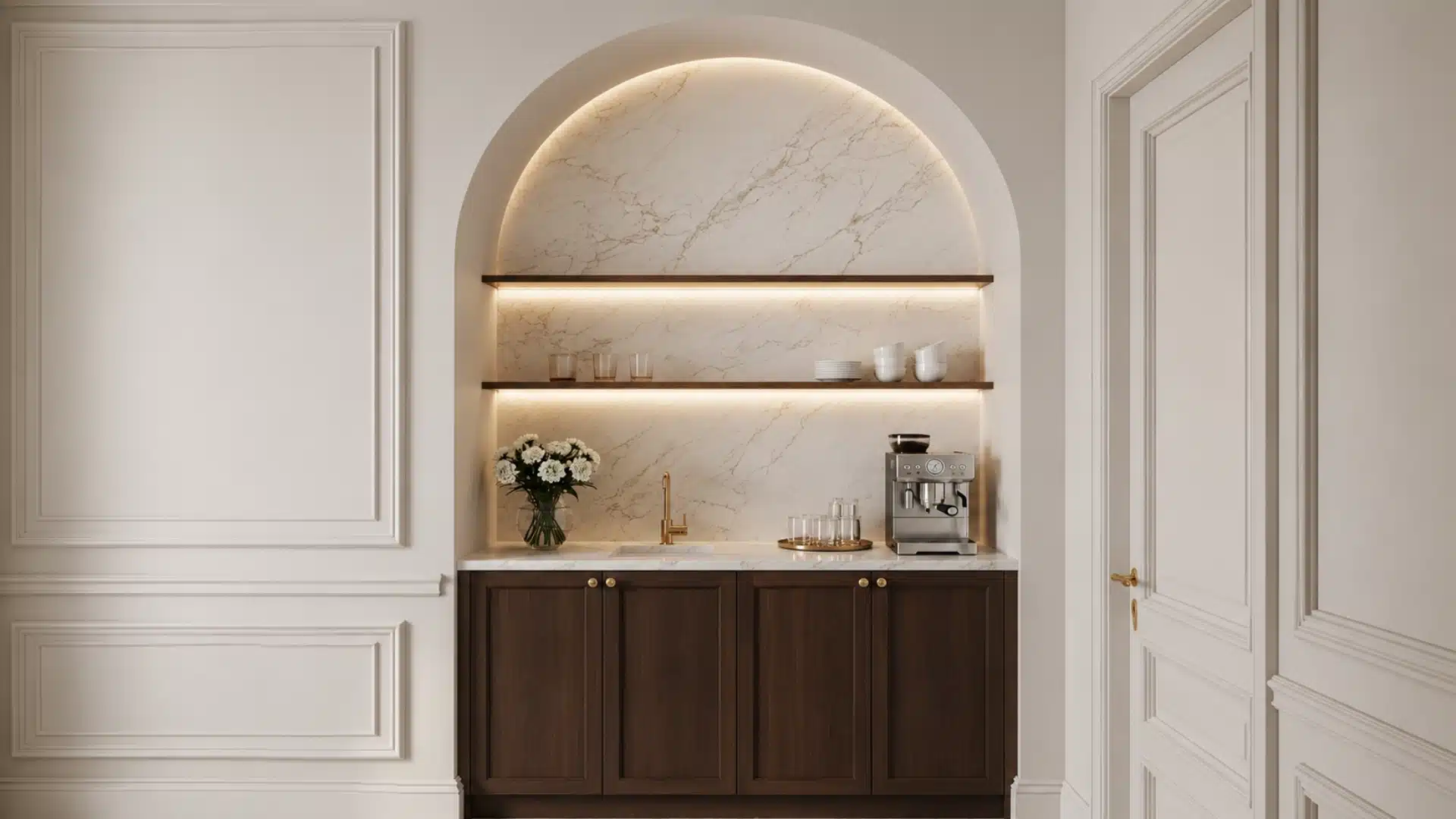 arched marble coffee bar nook with wood cabinets brass fixtures espresso machine glasses and fresh flowers on counter