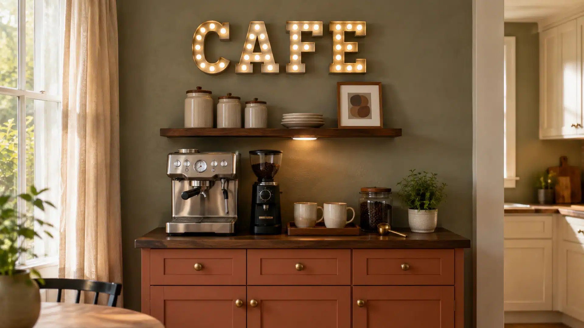 cozy coffee bar with a glowing marquee cafe sign, terracotta cabinets and an espresso machine
