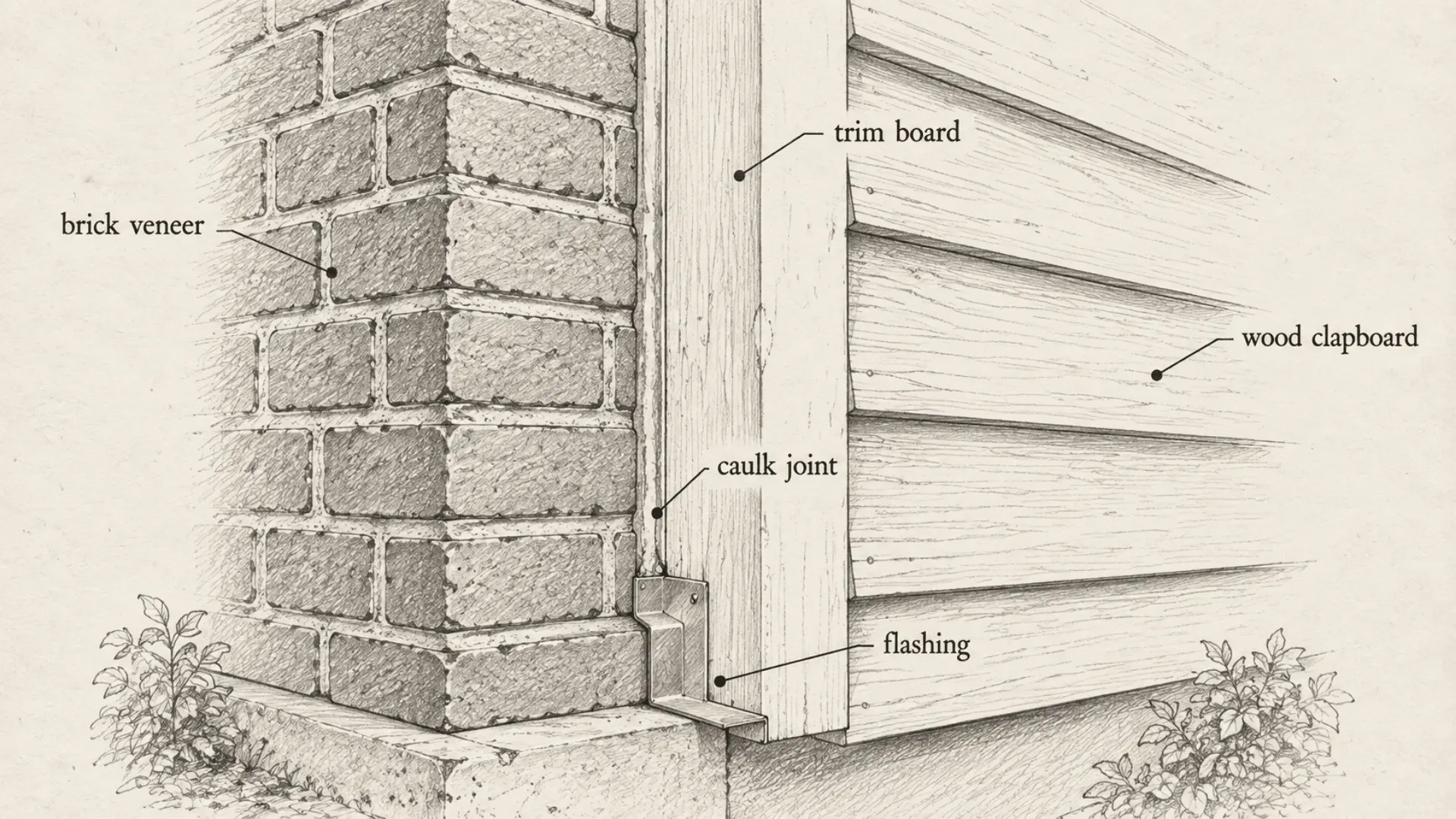 sketch of a corner detail where brick and wood clapboard siding meet on a colonial facade