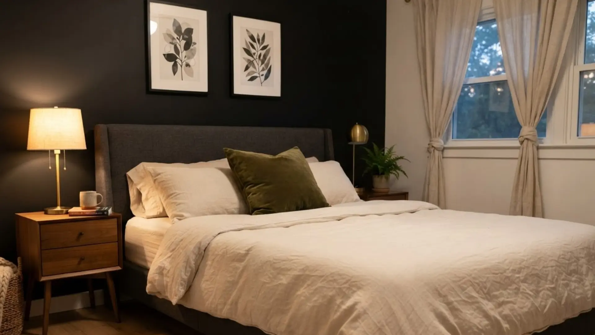 matte black accent wall bedroom with cream bedding, wood nightstand, warm lamp, and botanical art
