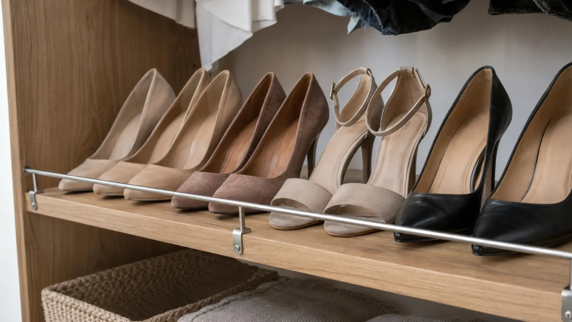 metal rod along wooden shelf edge holding rows of heels and sandals upright