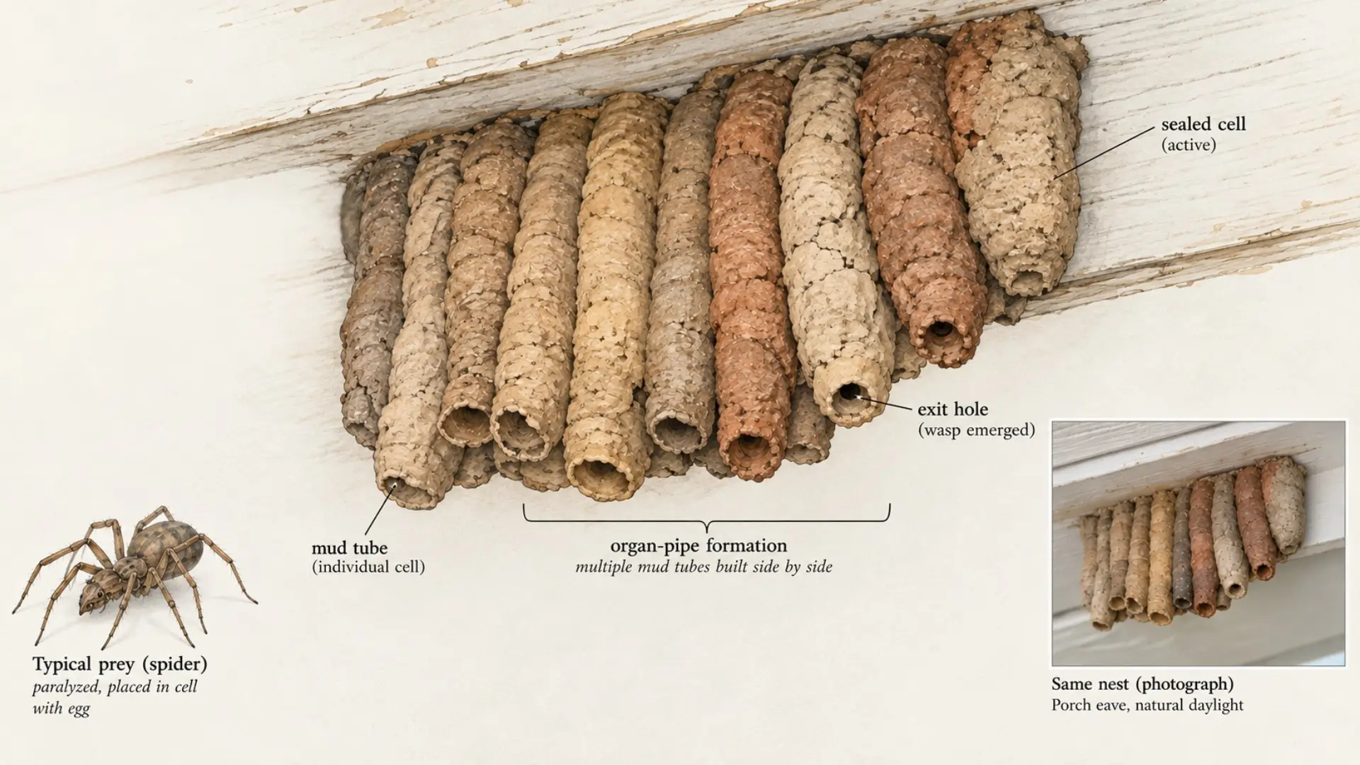 labeled illustration of a mud dauber nest showing tubes, exit holes, and a real photo inset