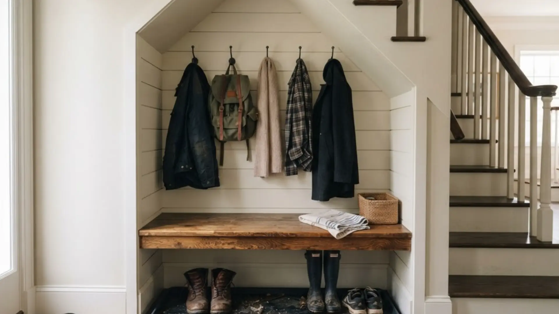 mudroom cubby built under a staircase with coat hooks, a wood bench, and boots lined up below