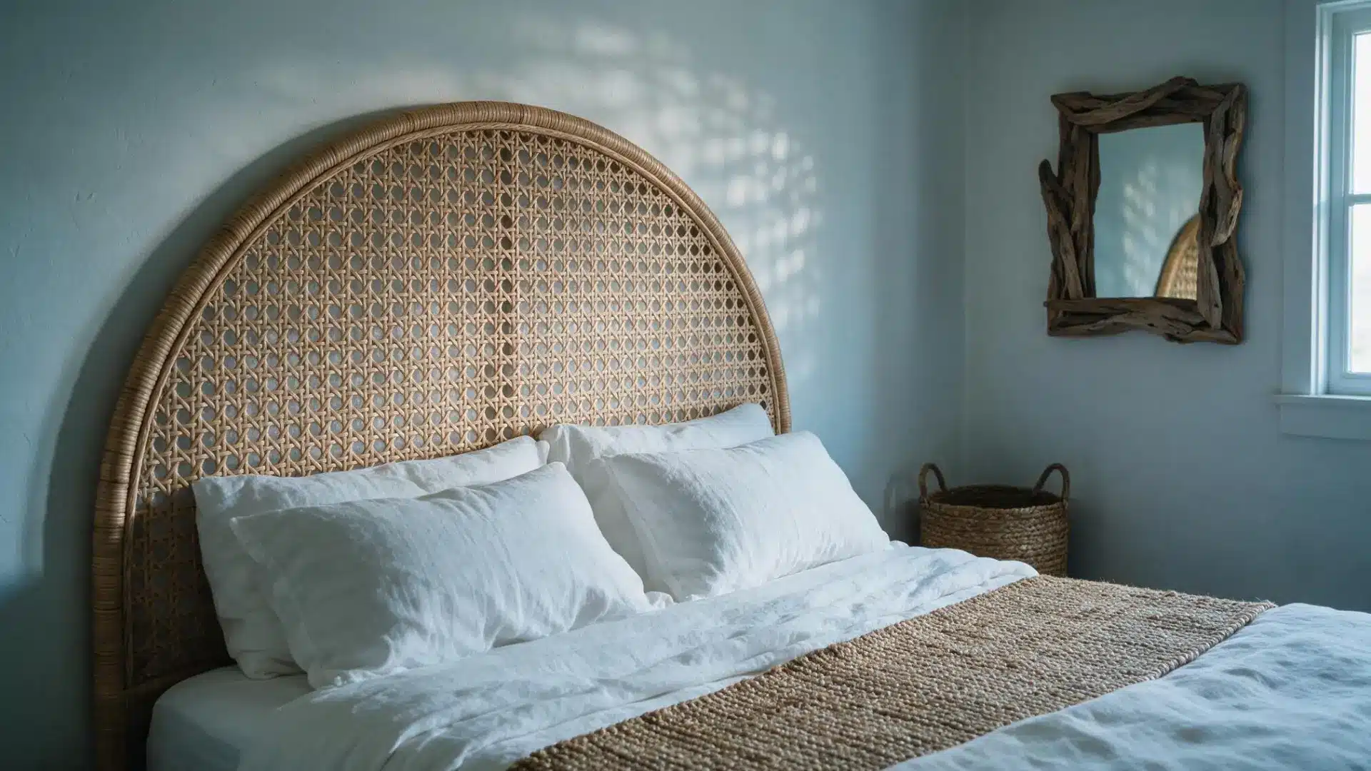 arched woven rattan cane headboard with white linen pillows and a driftwood framed mirror on the wall nearby