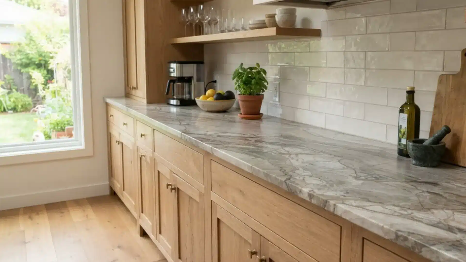 natural stone countertop with visible gray veining running along a row of light wood kitchen cabinets