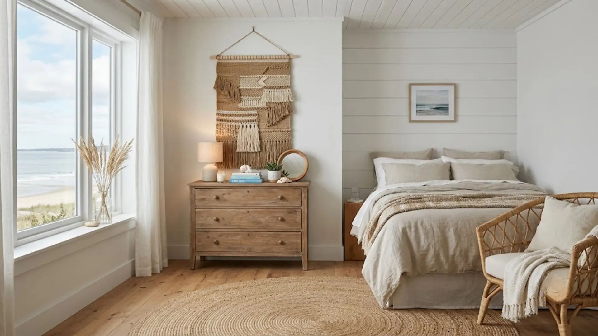 natural woven macrame wall hanging with tan and cream tassels displayed above a wood dresser near a bed