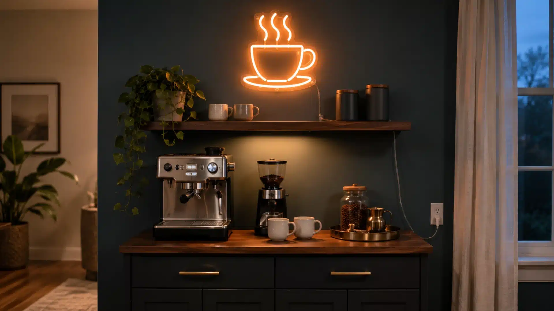 neon coffee cup sign above dark coffee bar with espresso machine grinder jars and mugs on wood counter