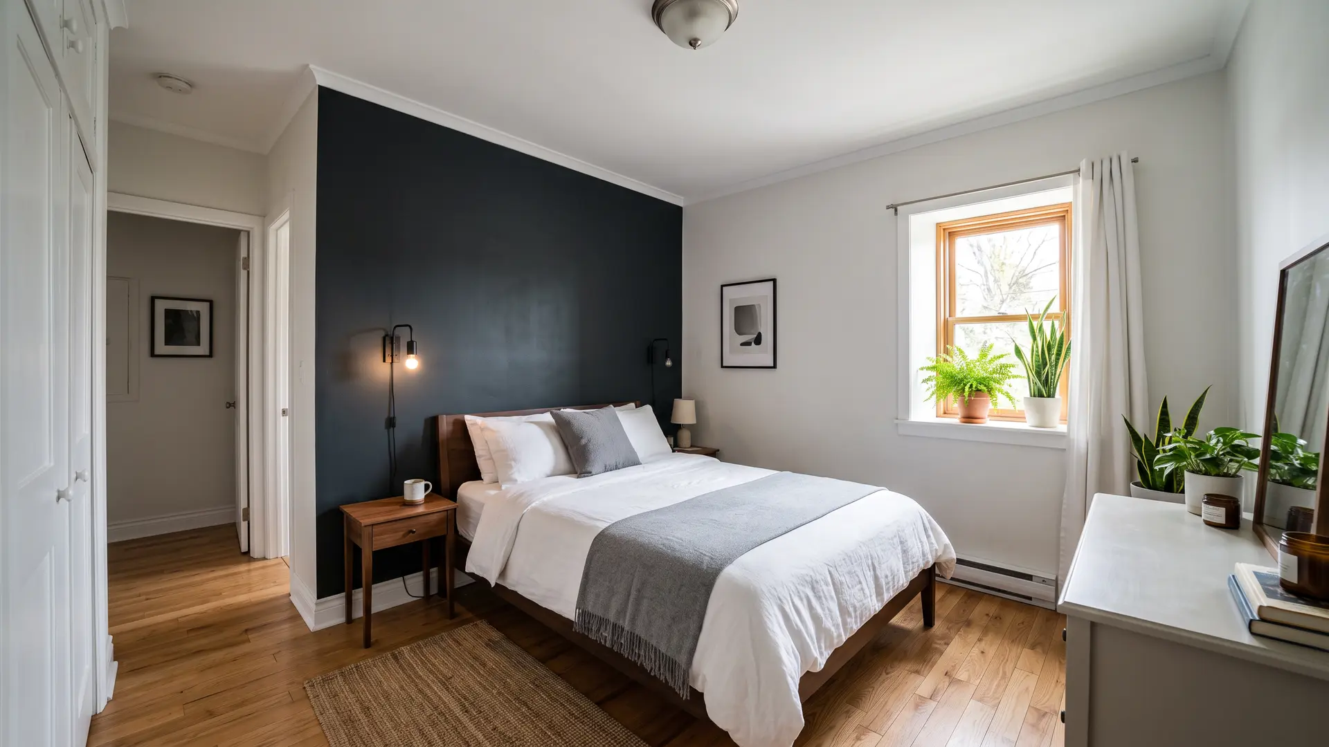 small bedroom with a dark accent wall, white bedding, wood furniture, plants, and bright natural light