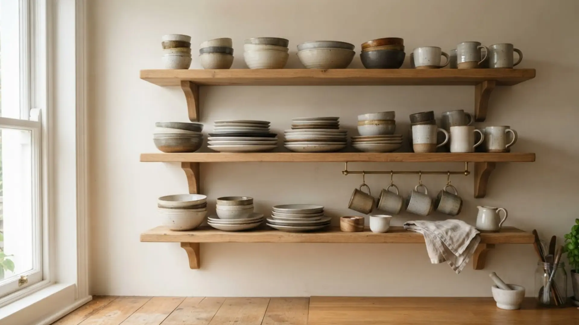 open wood shelves holding stacked ceramic bowls plates and mugs in mixed neutral tones