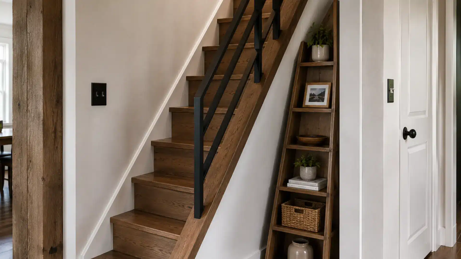 open ladder style shelving fit into a narrow gap beside a plain wooden staircase