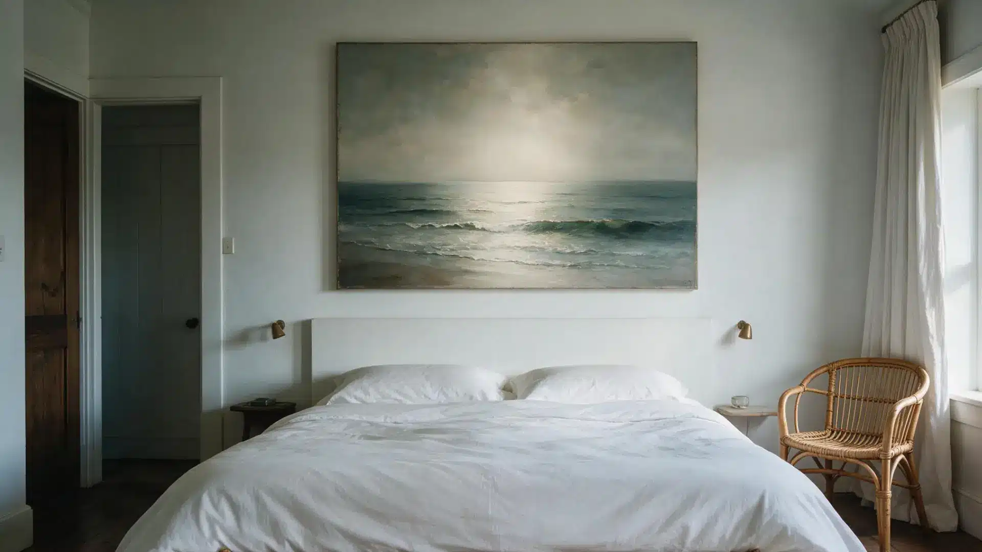 oversized ocean seascape painting hung above a white bed with linen pillows and a rattan accent chair