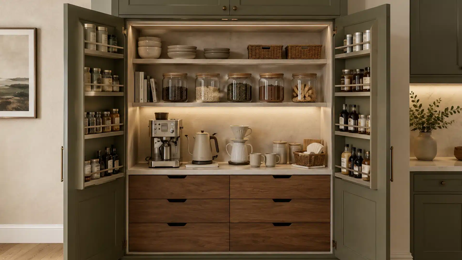 pantry coffee station with espresso machine kettle pour over jars mugs and baskets on shelves with wood drawers