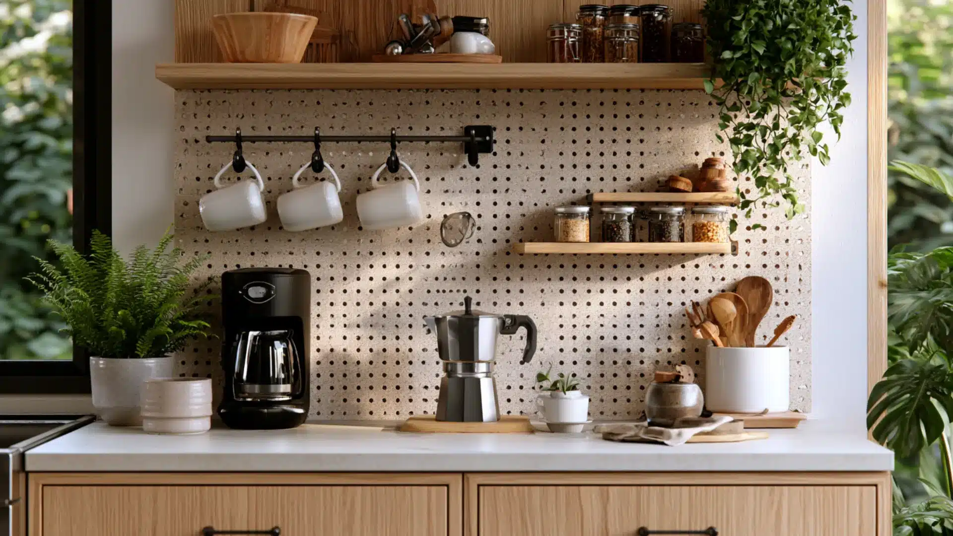 pegboard coffee station with hanging mugs coffee maker moka pot jars and wooden utensils on kitchen counter