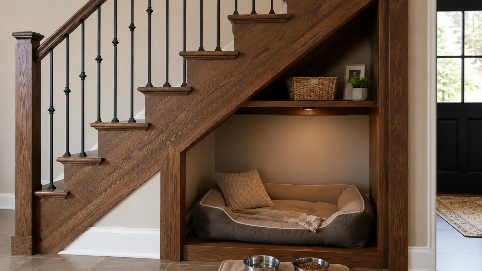 pet bed and feeding station tucked under a wooden staircase with a lit shelf and woven basket above