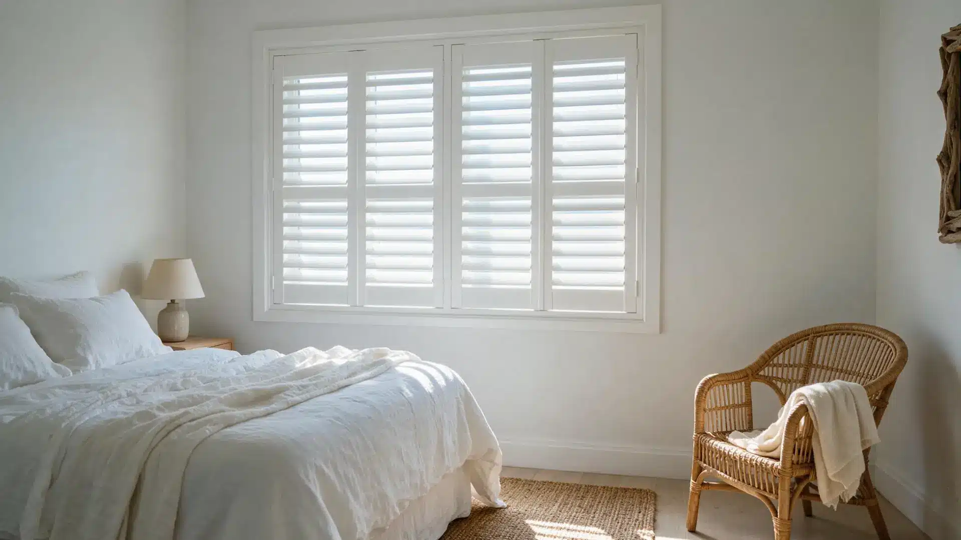 white plantation shutters covering a large window beside a bed with soft white linen bedding nearby