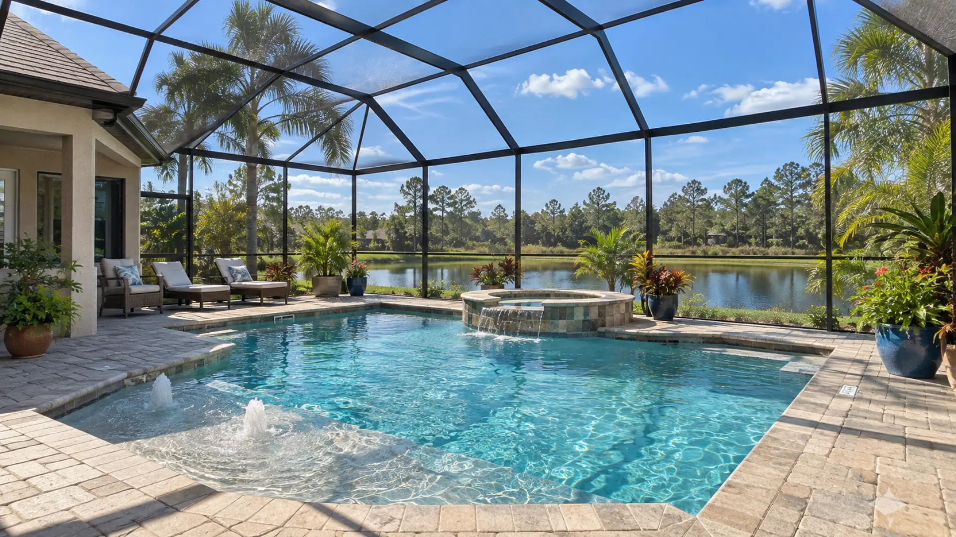 pool lanai with screened enclosure over an in-ground pool and stone deck