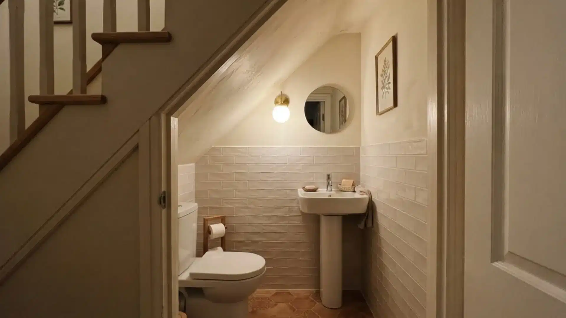 small powder room tucked under a staircase with a toilet, pedestal sink, and round wall mirror